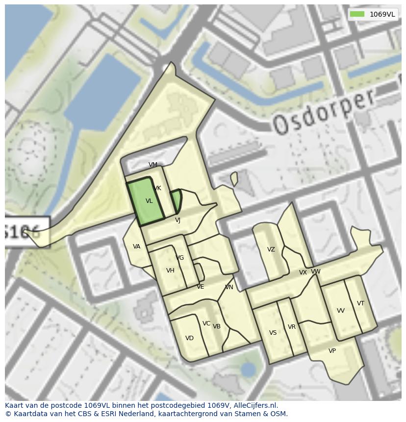 Afbeelding van het postcodegebied 1069 VL op de kaart.