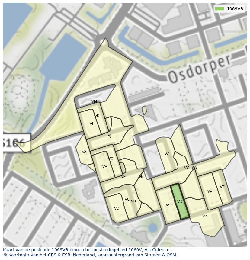 Afbeelding van het postcodegebied 1069 VR op de kaart.