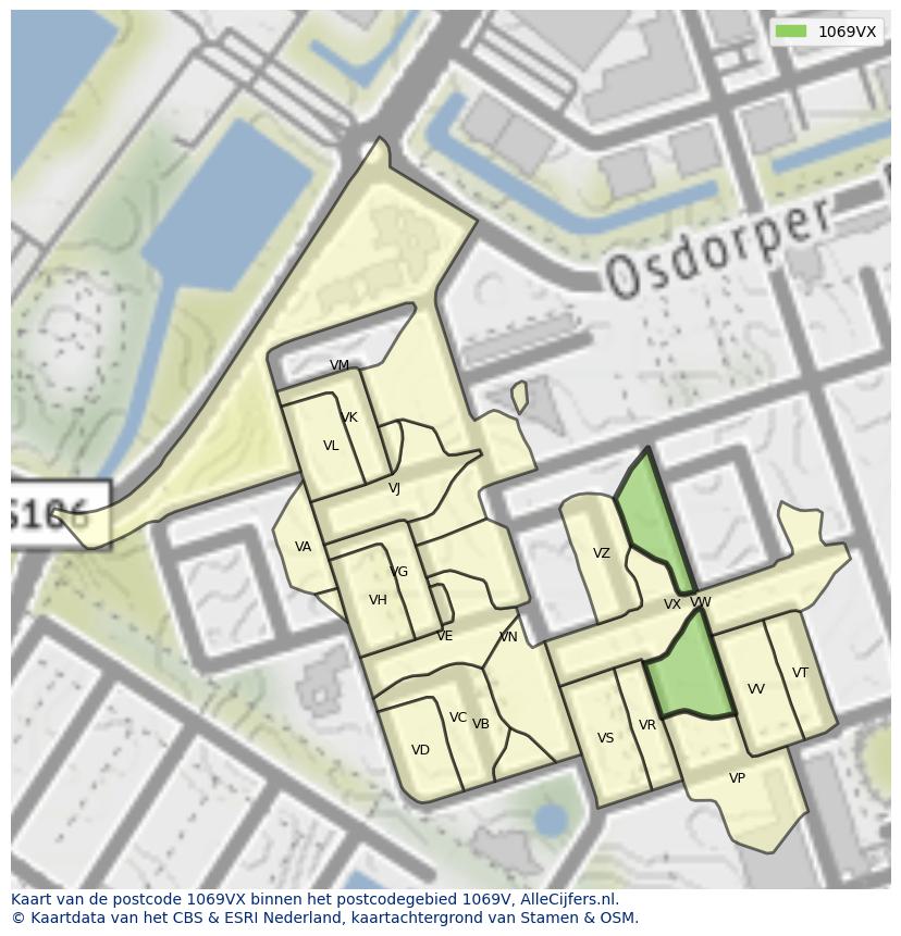 Afbeelding van het postcodegebied 1069 VX op de kaart.
