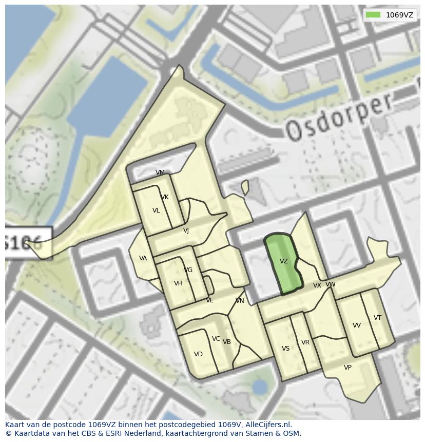 Afbeelding van het postcodegebied 1069 VZ op de kaart.