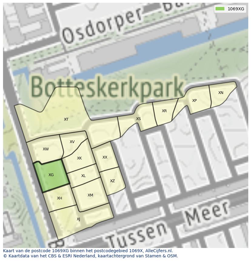 Afbeelding van het postcodegebied 1069 XG op de kaart.