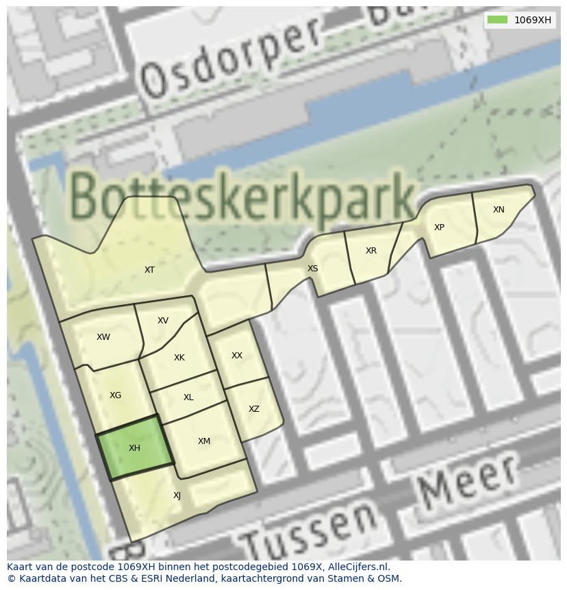 Afbeelding van het postcodegebied 1069 XH op de kaart.