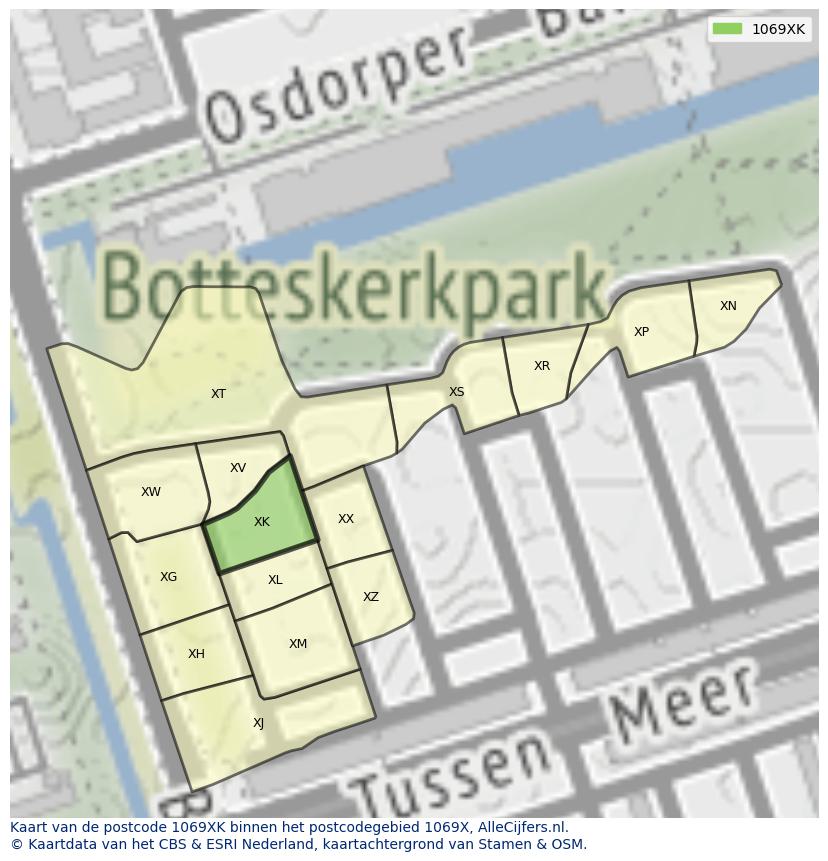 Afbeelding van het postcodegebied 1069 XK op de kaart.