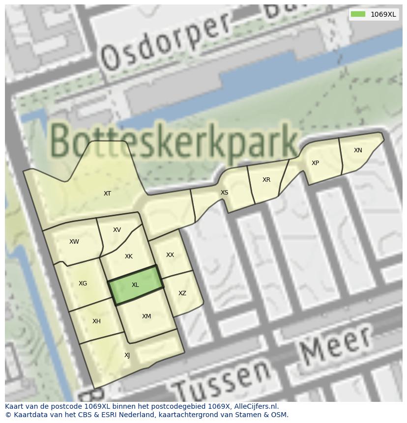 Afbeelding van het postcodegebied 1069 XL op de kaart.