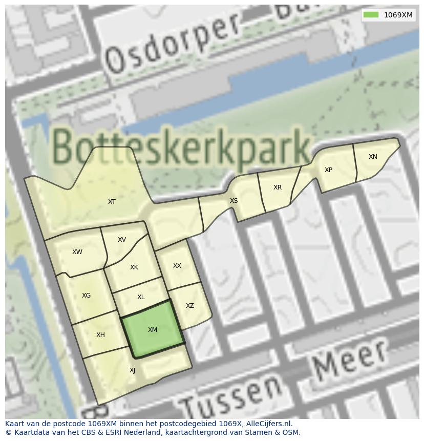 Afbeelding van het postcodegebied 1069 XM op de kaart.