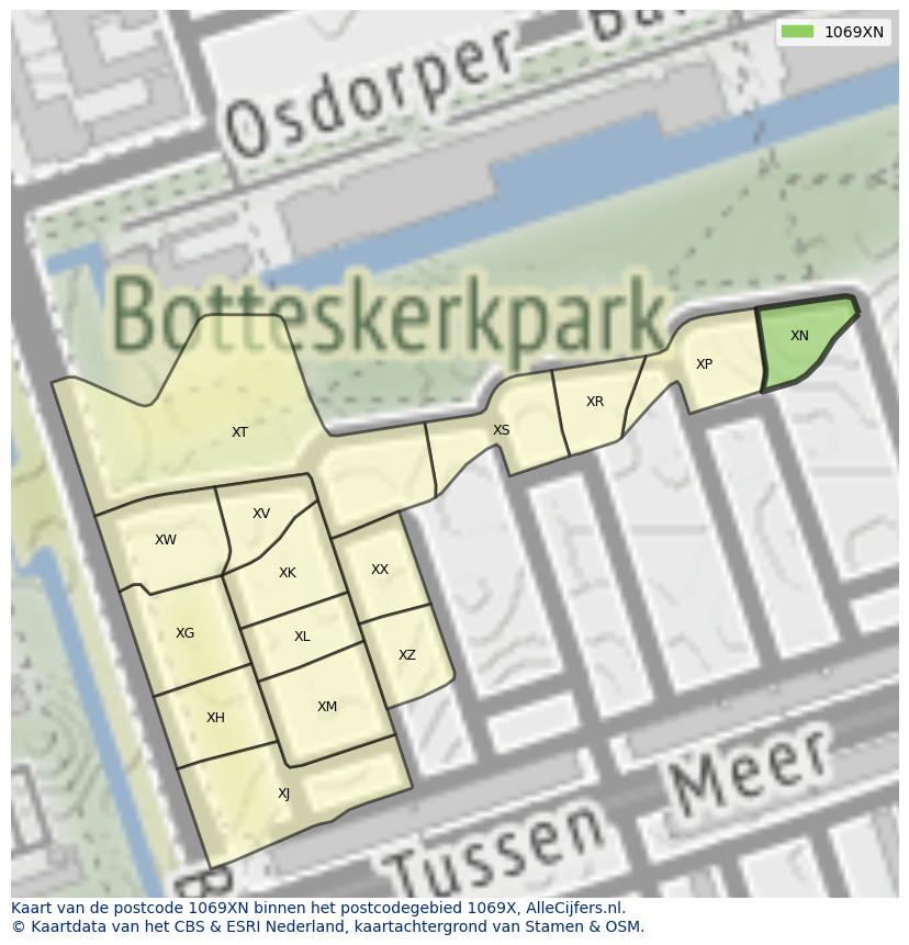 Afbeelding van het postcodegebied 1069 XN op de kaart.