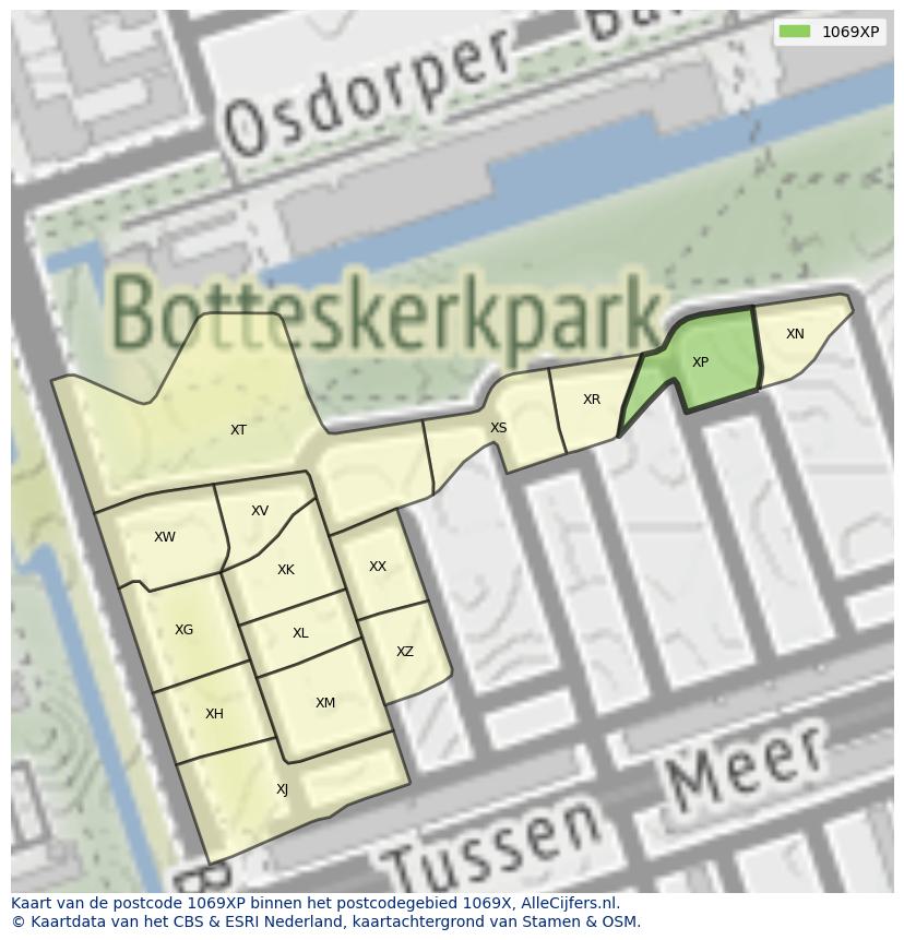 Afbeelding van het postcodegebied 1069 XP op de kaart.