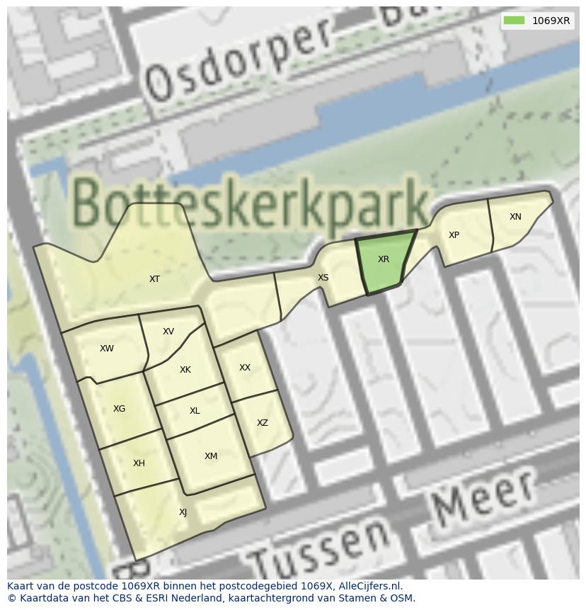 Afbeelding van het postcodegebied 1069 XR op de kaart.