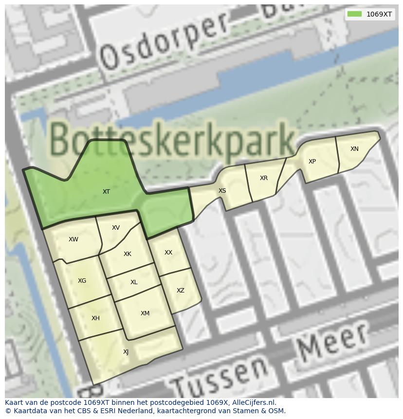 Afbeelding van het postcodegebied 1069 XT op de kaart.