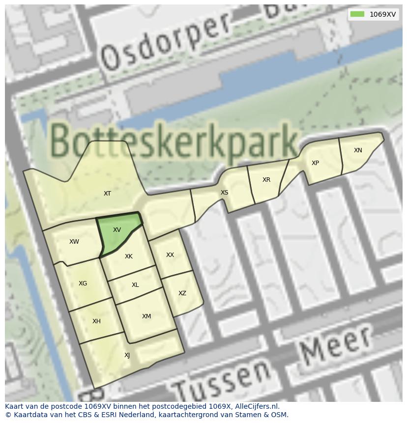 Afbeelding van het postcodegebied 1069 XV op de kaart.