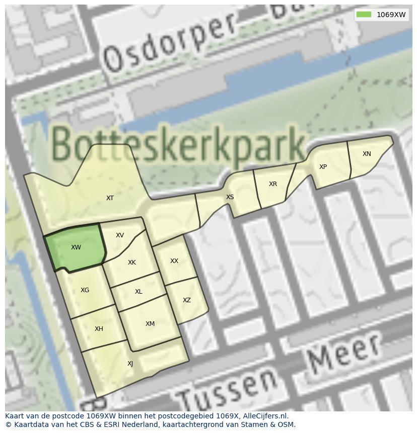 Afbeelding van het postcodegebied 1069 XW op de kaart.