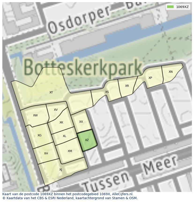 Afbeelding van het postcodegebied 1069 XZ op de kaart.