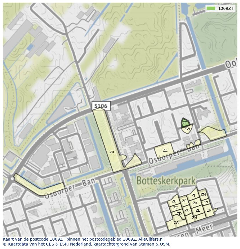 Afbeelding van het postcodegebied 1069 ZT op de kaart.