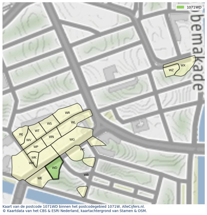 Afbeelding van het postcodegebied 1071 WD op de kaart.