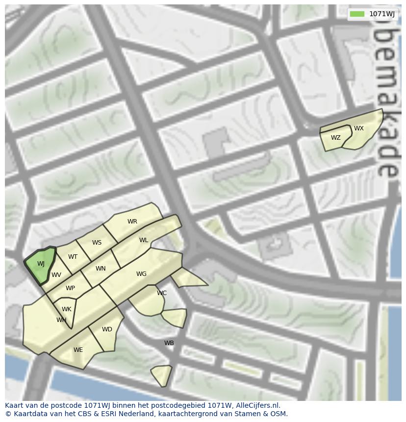Afbeelding van het postcodegebied 1071 WJ op de kaart.