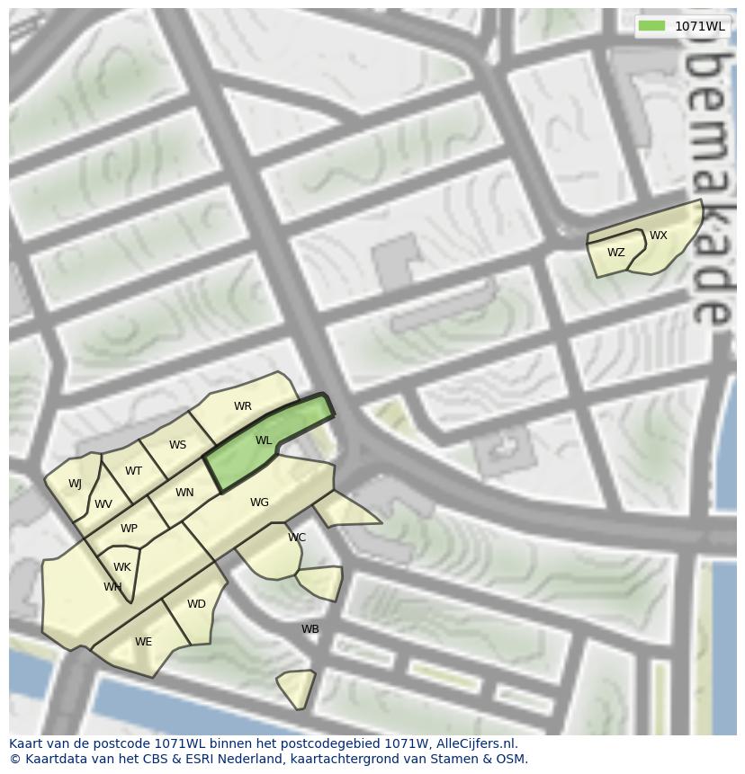 Afbeelding van het postcodegebied 1071 WL op de kaart.
