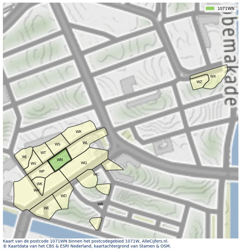 Afbeelding van het postcodegebied 1071 WN op de kaart.