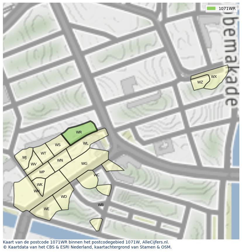 Afbeelding van het postcodegebied 1071 WR op de kaart.