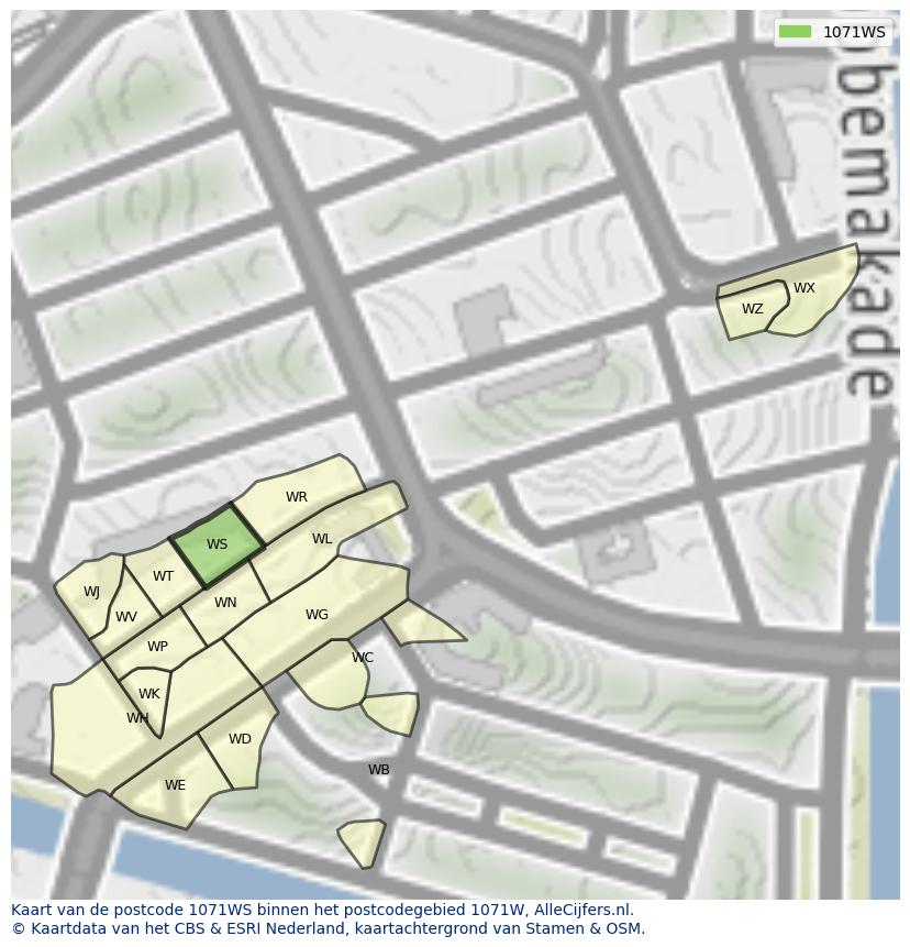 Afbeelding van het postcodegebied 1071 WS op de kaart.