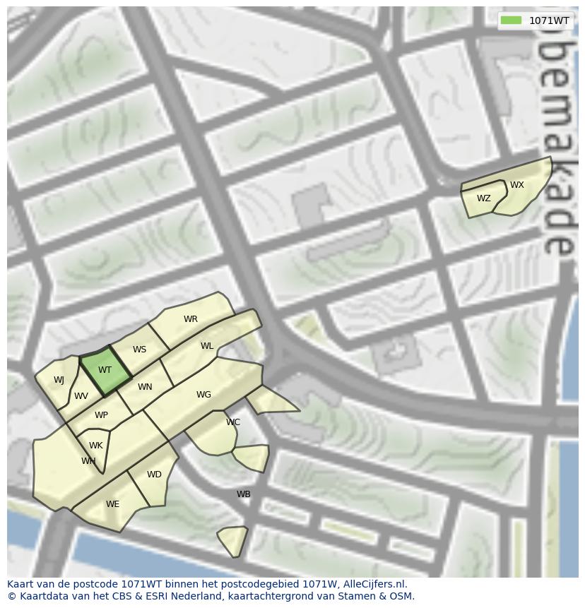 Afbeelding van het postcodegebied 1071 WT op de kaart.