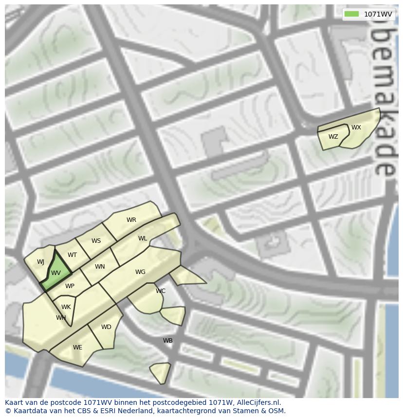 Afbeelding van het postcodegebied 1071 WV op de kaart.