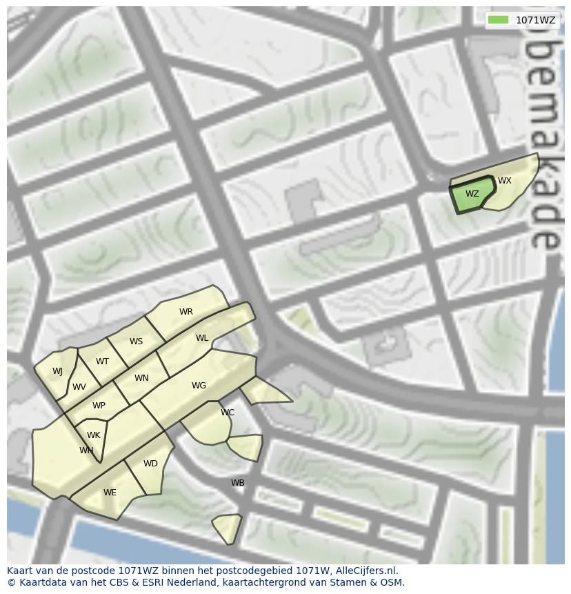 Afbeelding van het postcodegebied 1071 WZ op de kaart.