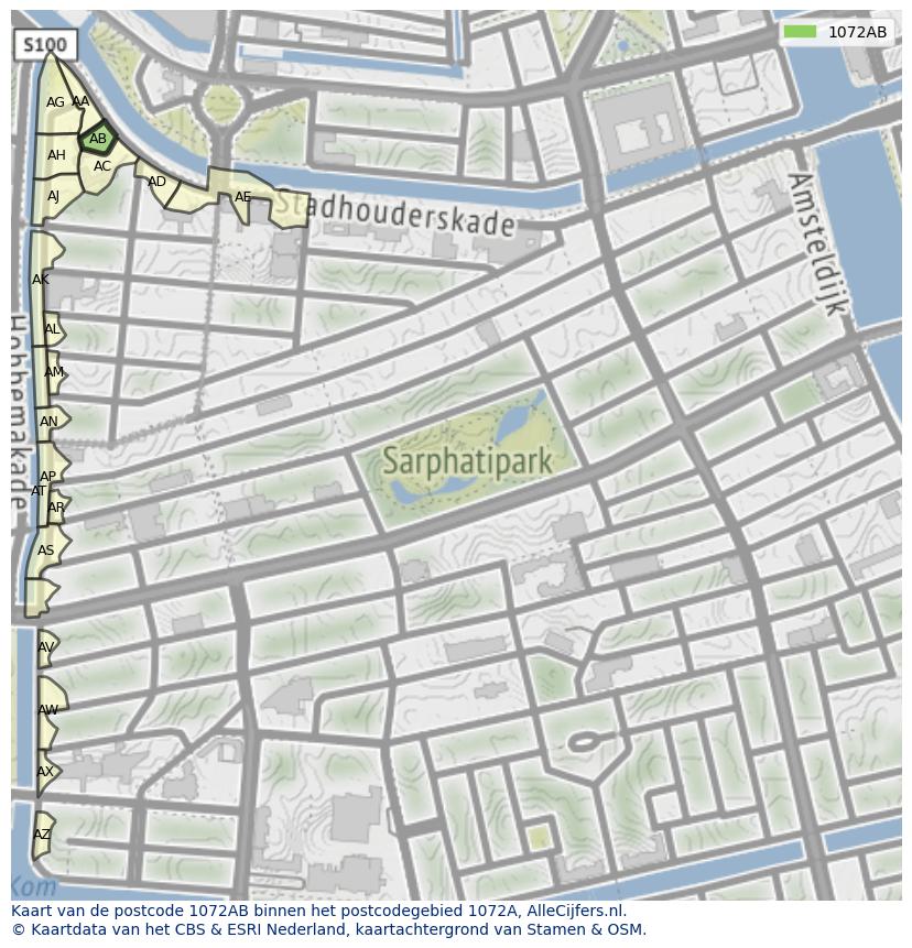 Afbeelding van het postcodegebied 1072 AB op de kaart.