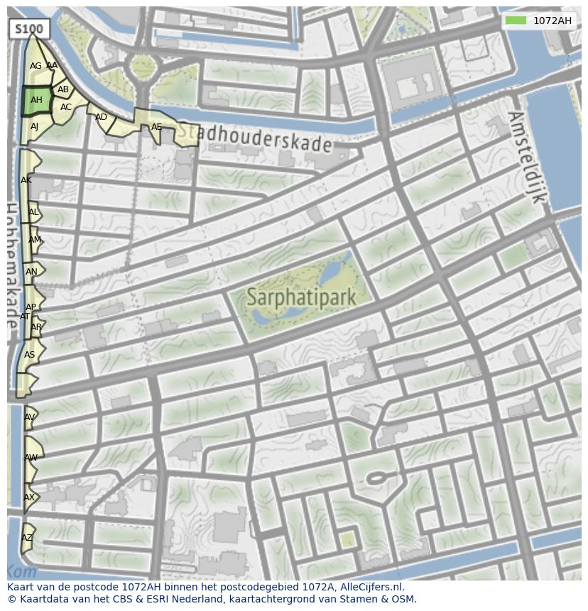 Afbeelding van het postcodegebied 1072 AH op de kaart.