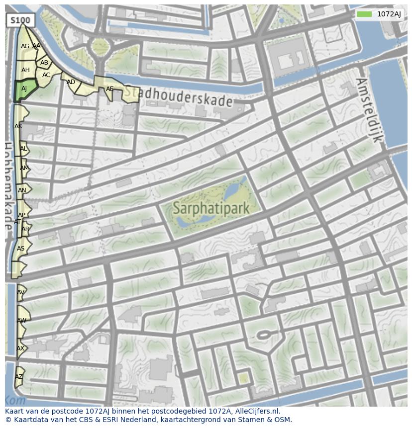 Afbeelding van het postcodegebied 1072 AJ op de kaart.