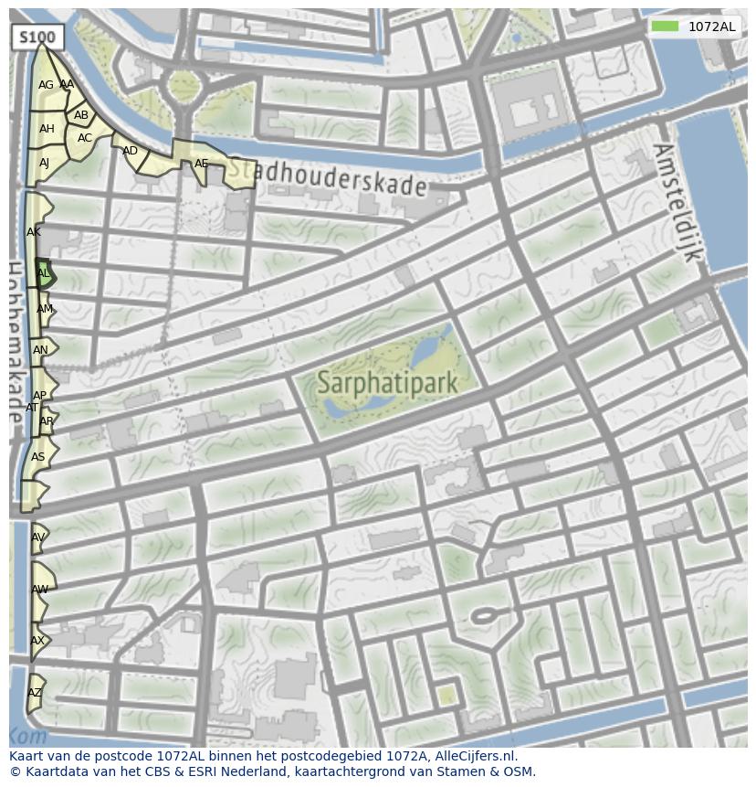 Afbeelding van het postcodegebied 1072 AL op de kaart.