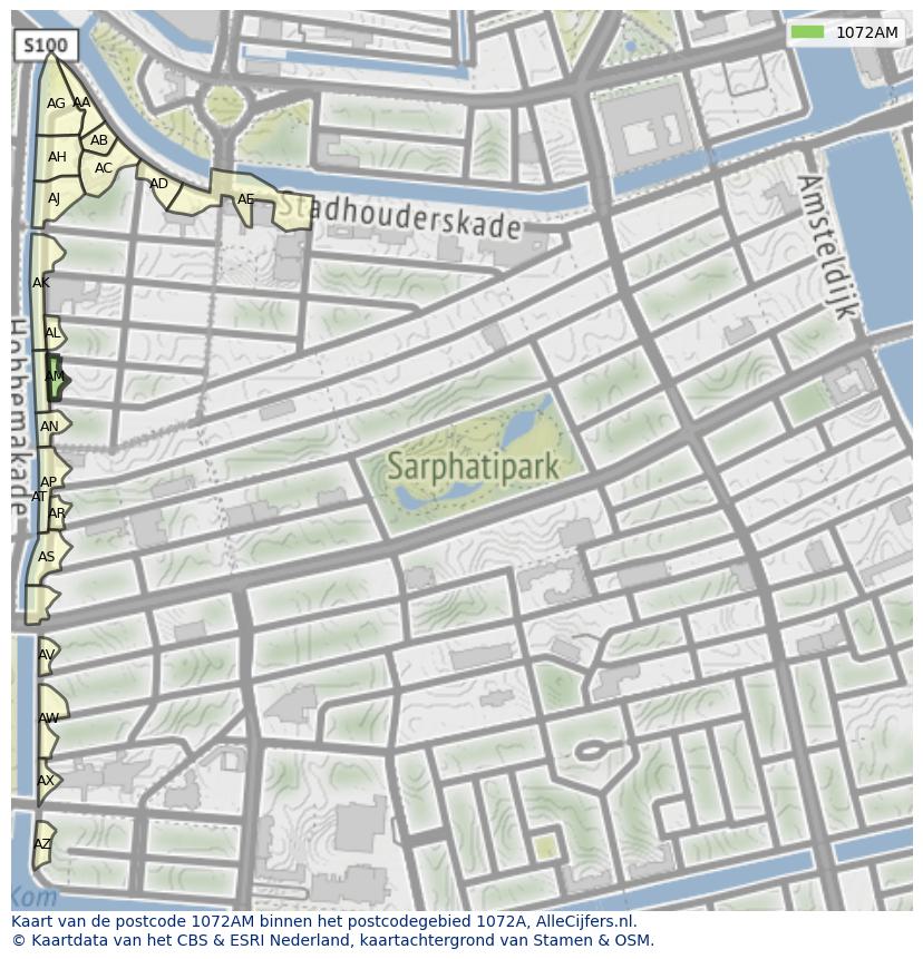 Afbeelding van het postcodegebied 1072 AM op de kaart.