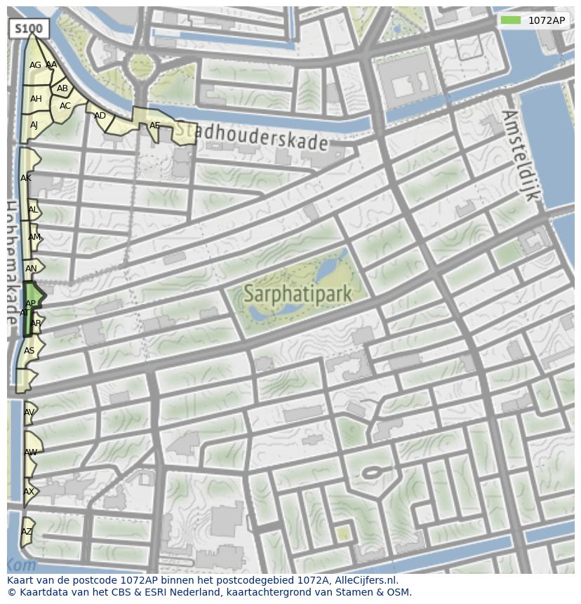 Afbeelding van het postcodegebied 1072 AP op de kaart.