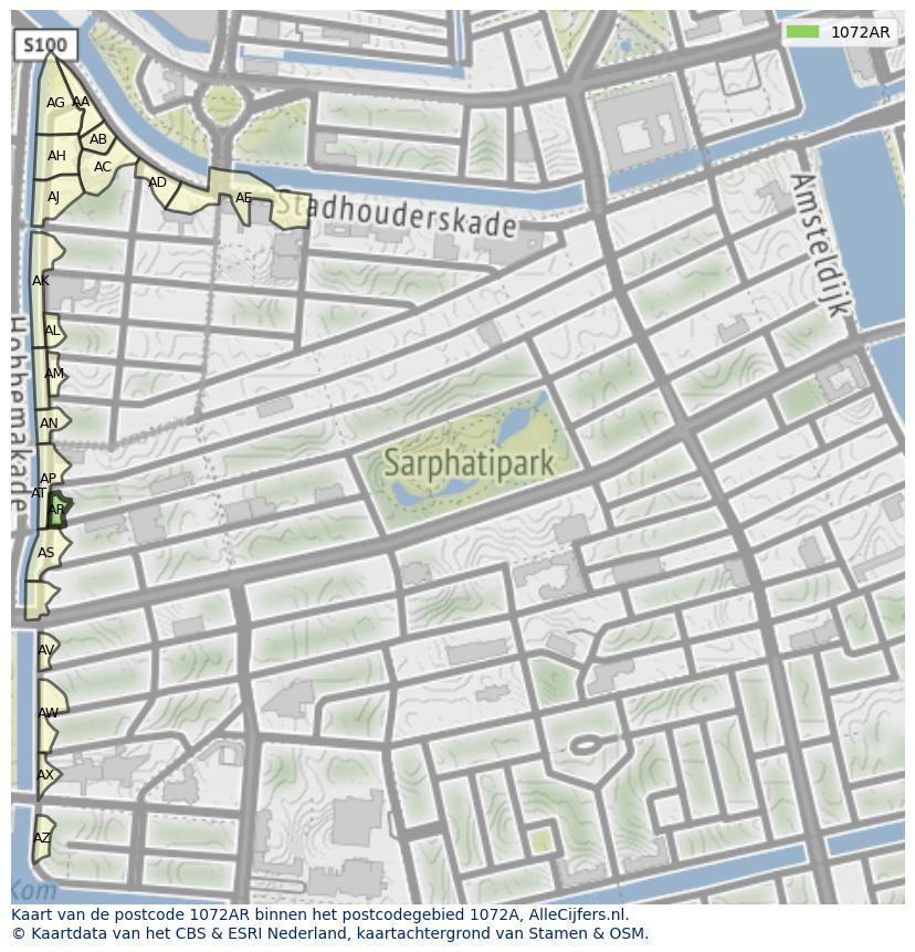 Afbeelding van het postcodegebied 1072 AR op de kaart.