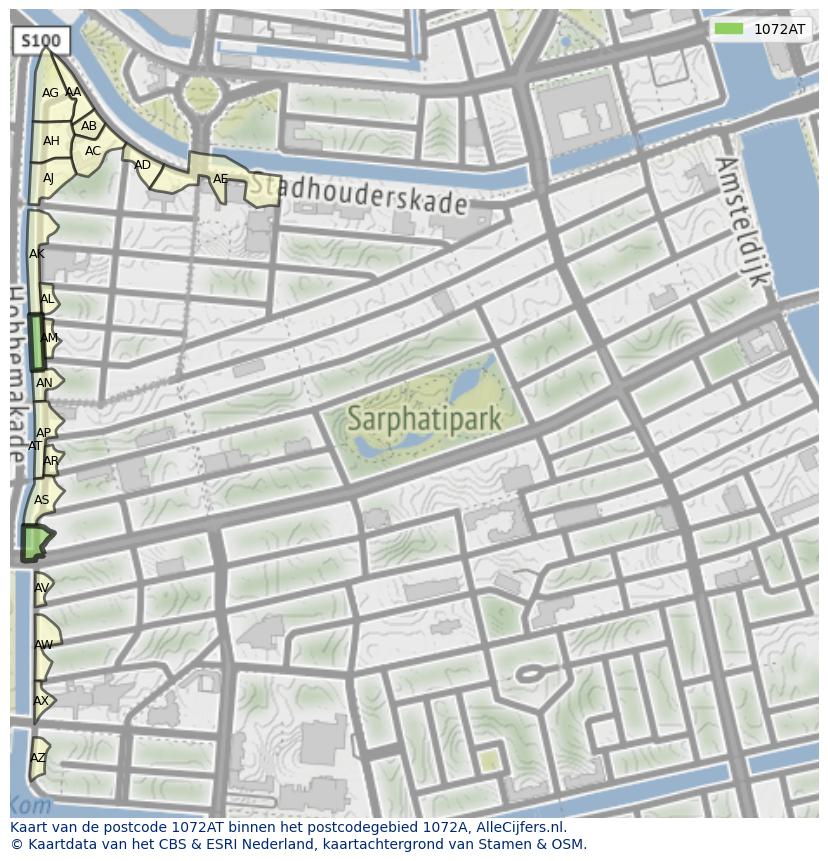 Afbeelding van het postcodegebied 1072 AT op de kaart.