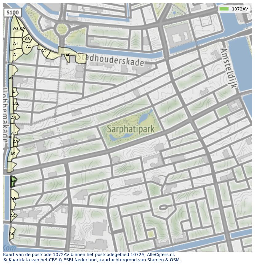 Afbeelding van het postcodegebied 1072 AV op de kaart.
