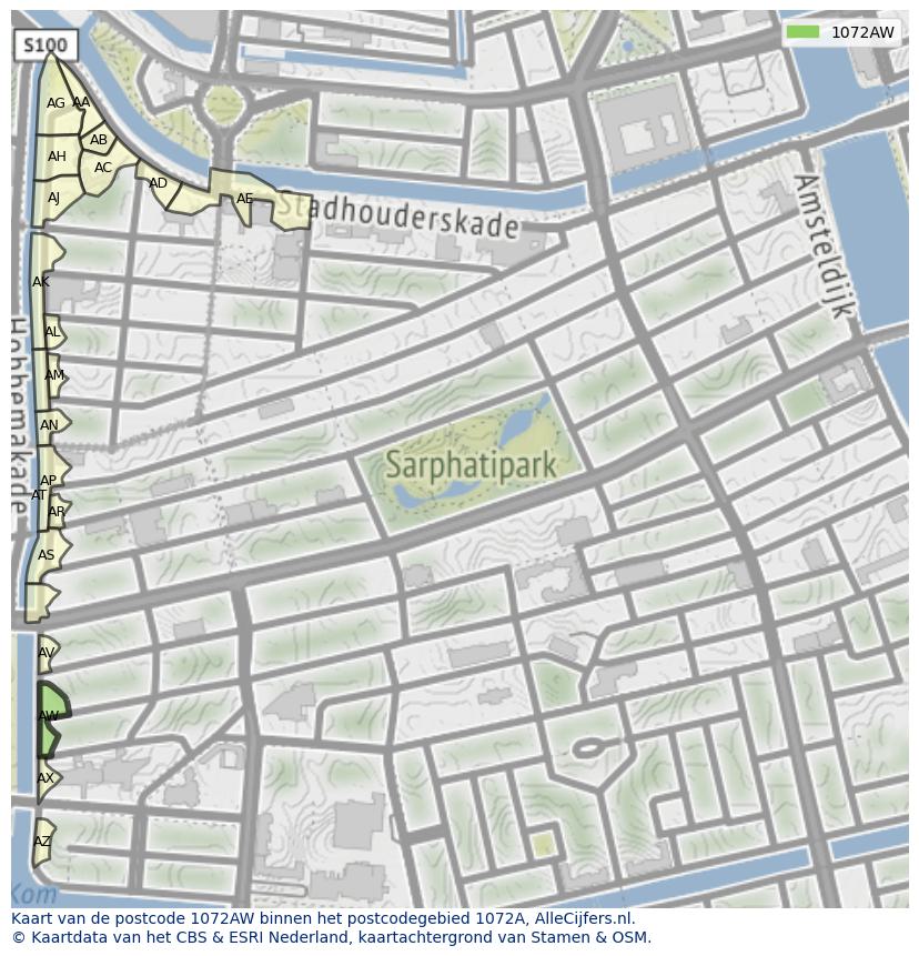 Afbeelding van het postcodegebied 1072 AW op de kaart.