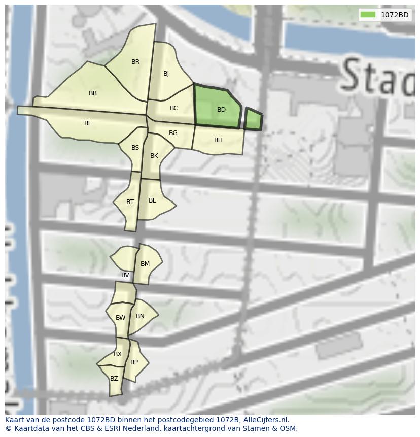 Afbeelding van het postcodegebied 1072 BD op de kaart.