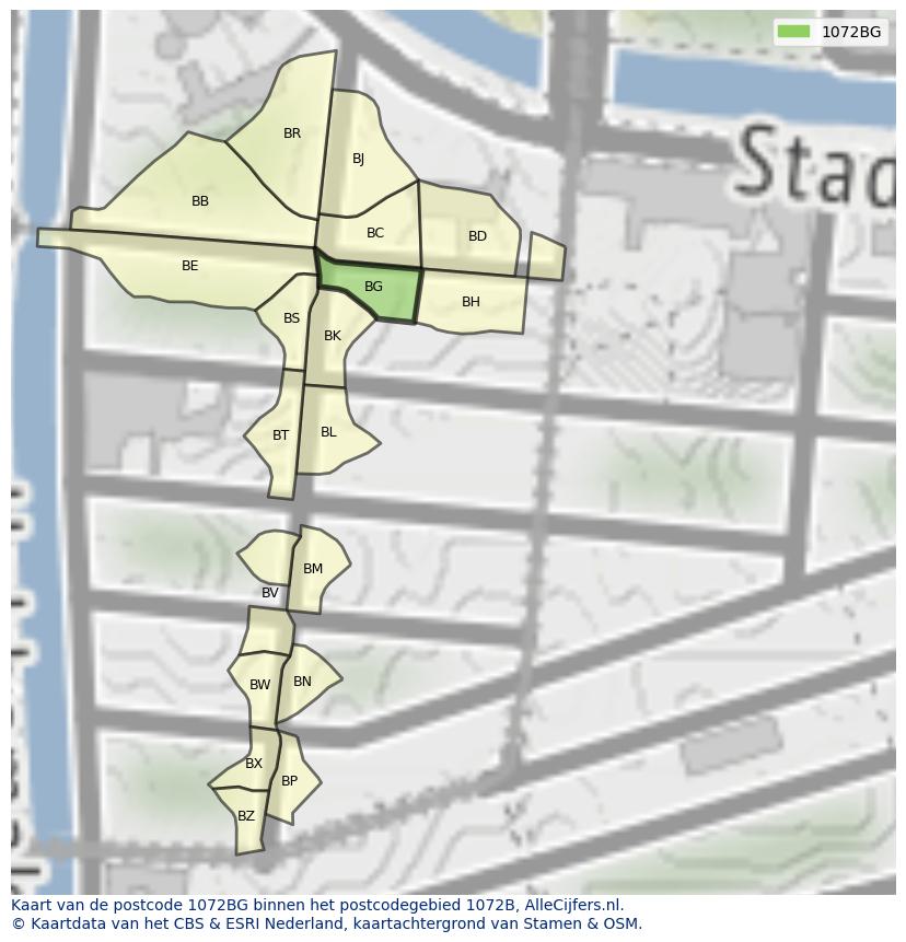 Afbeelding van het postcodegebied 1072 BG op de kaart.
