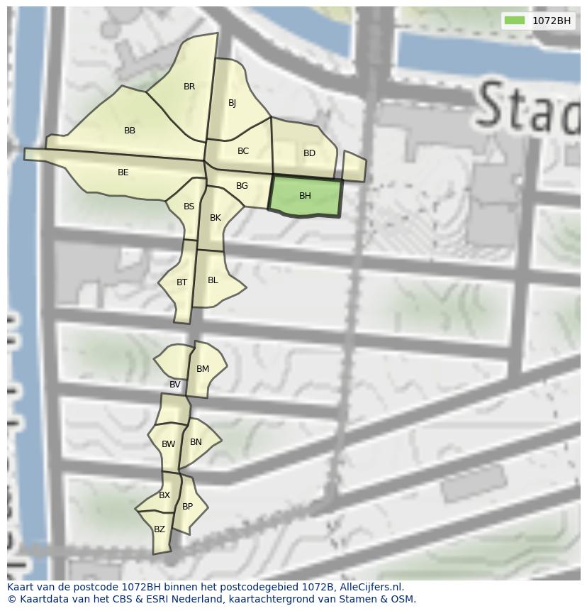Afbeelding van het postcodegebied 1072 BH op de kaart.