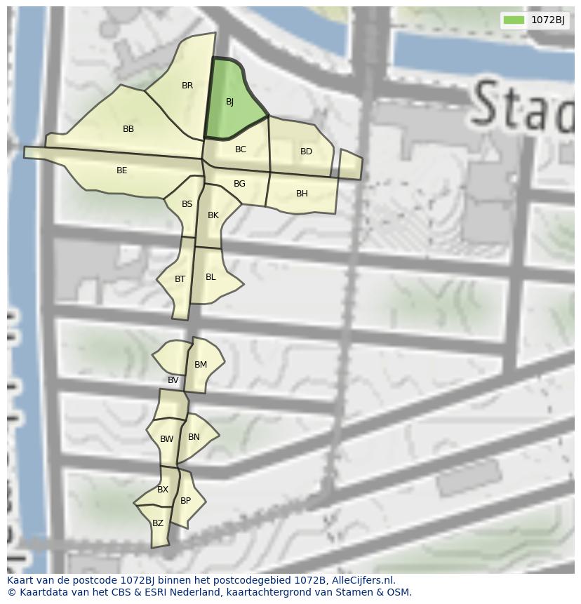 Afbeelding van het postcodegebied 1072 BJ op de kaart.