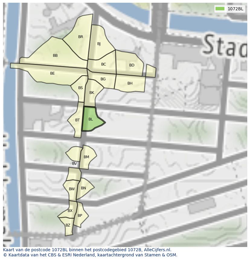 Afbeelding van het postcodegebied 1072 BL op de kaart.