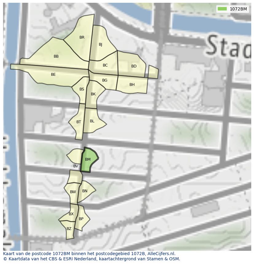 Afbeelding van het postcodegebied 1072 BM op de kaart.