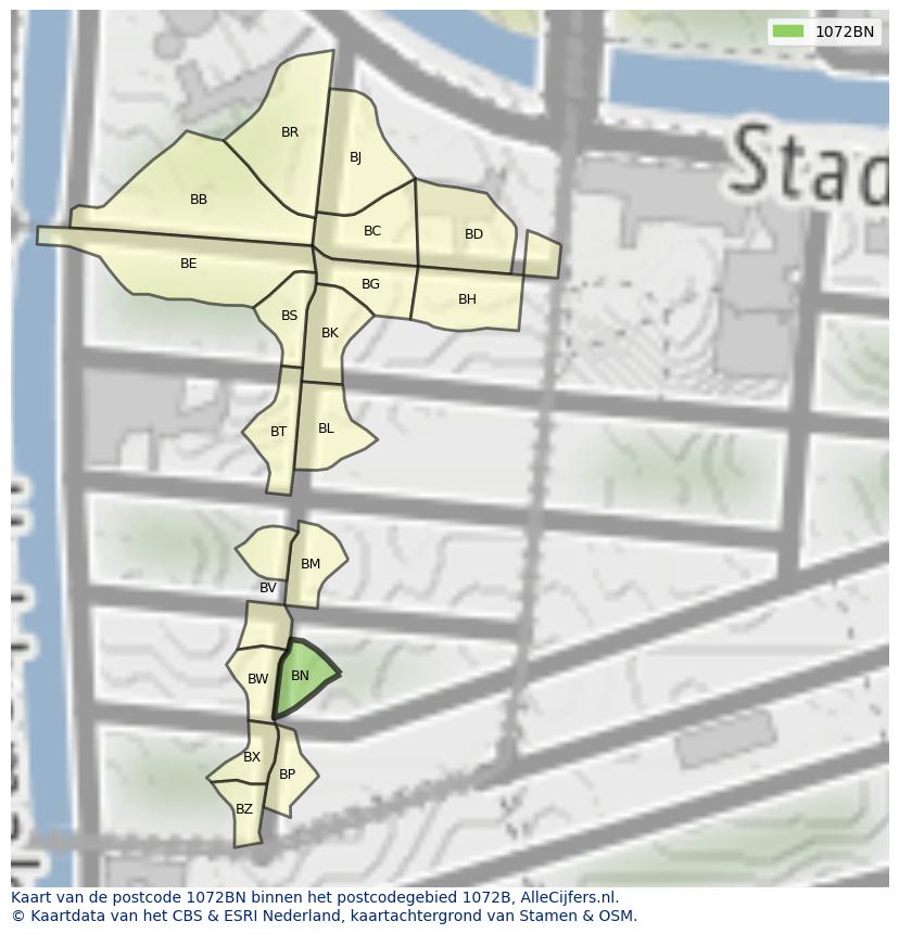 Afbeelding van het postcodegebied 1072 BN op de kaart.