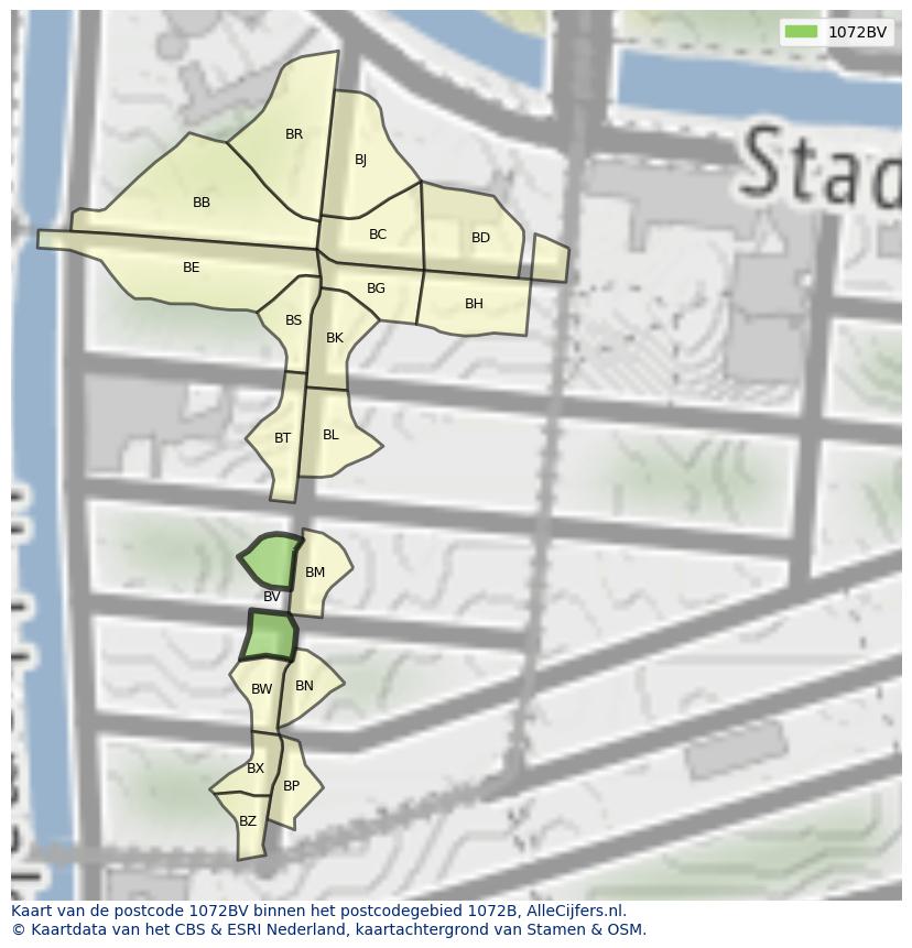 Afbeelding van het postcodegebied 1072 BV op de kaart.