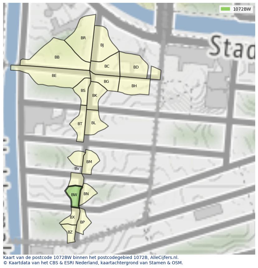 Afbeelding van het postcodegebied 1072 BW op de kaart.