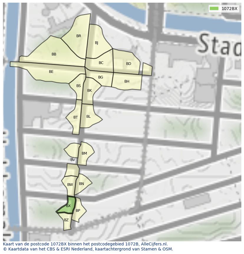 Afbeelding van het postcodegebied 1072 BX op de kaart.