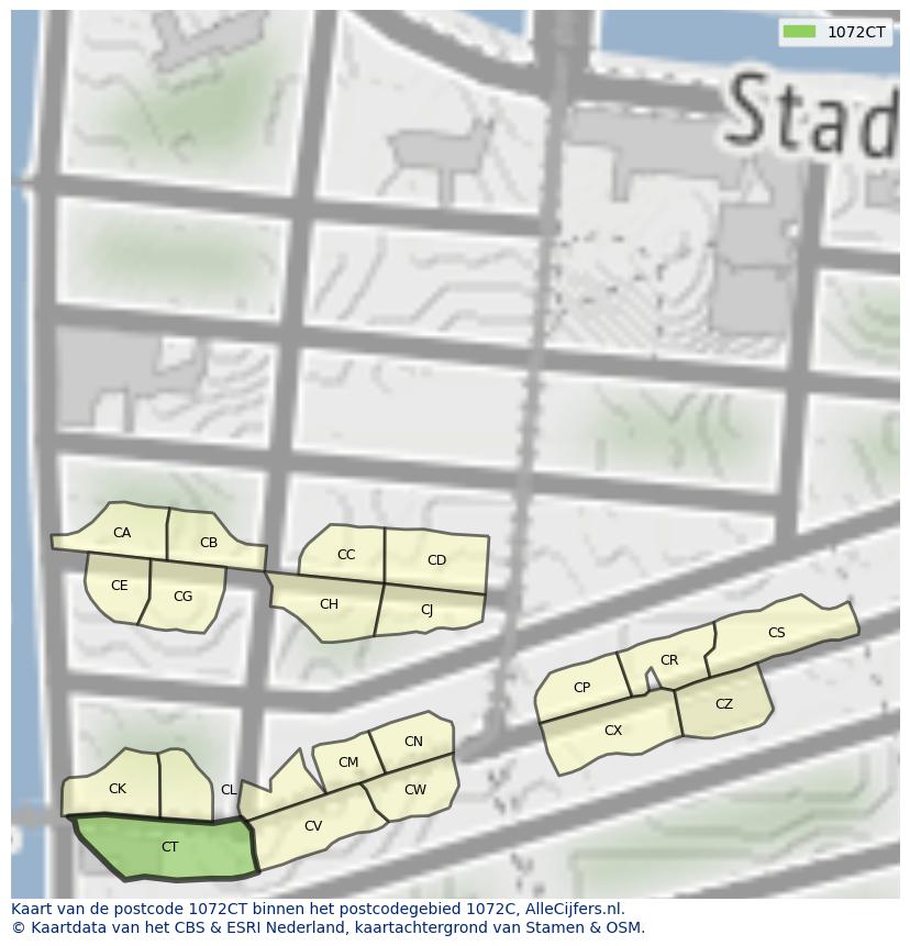 Afbeelding van het postcodegebied 1072 CT op de kaart.
