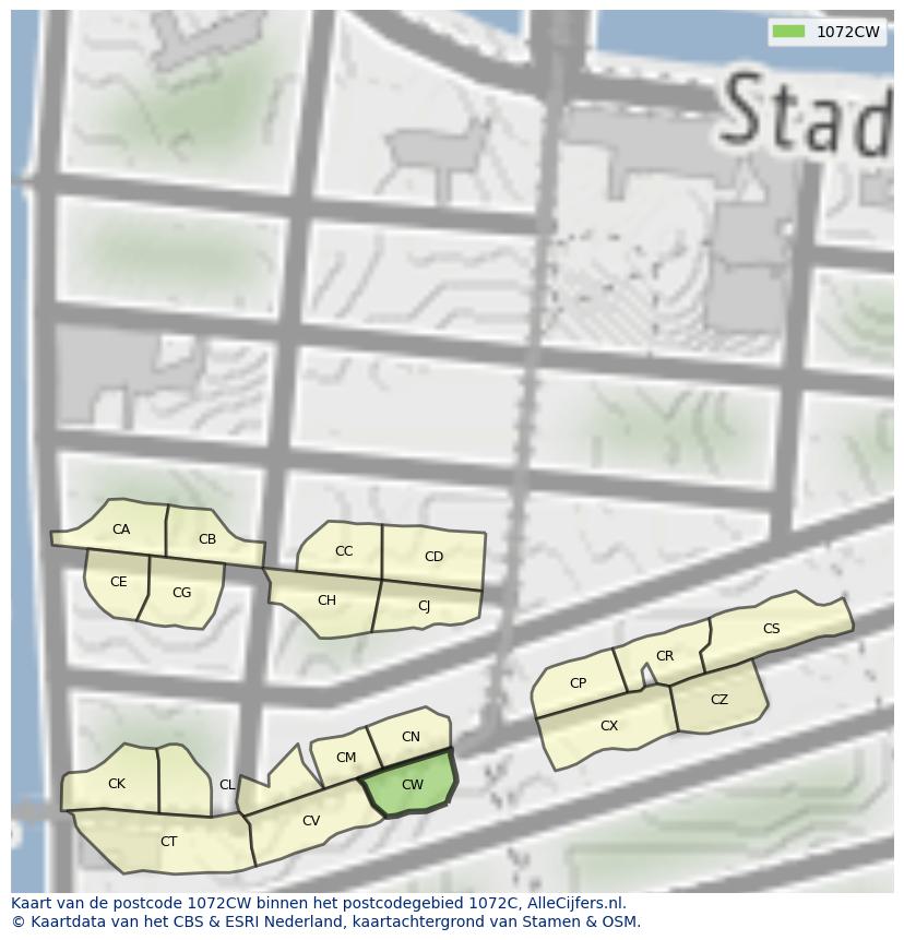 Afbeelding van het postcodegebied 1072 CW op de kaart.