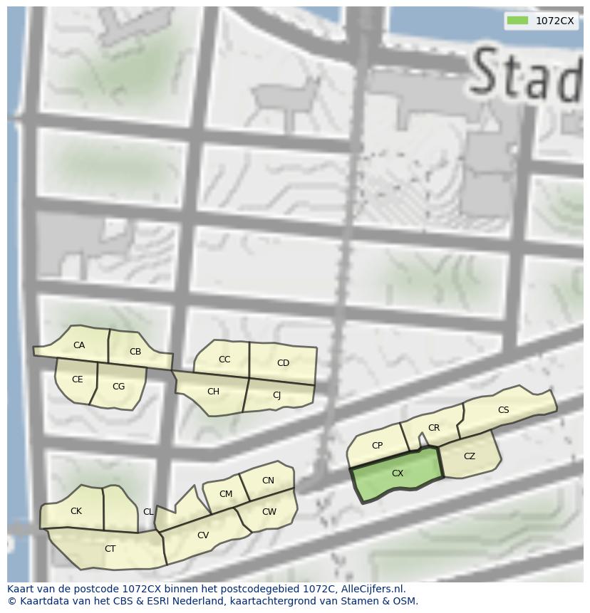 Afbeelding van het postcodegebied 1072 CX op de kaart.
