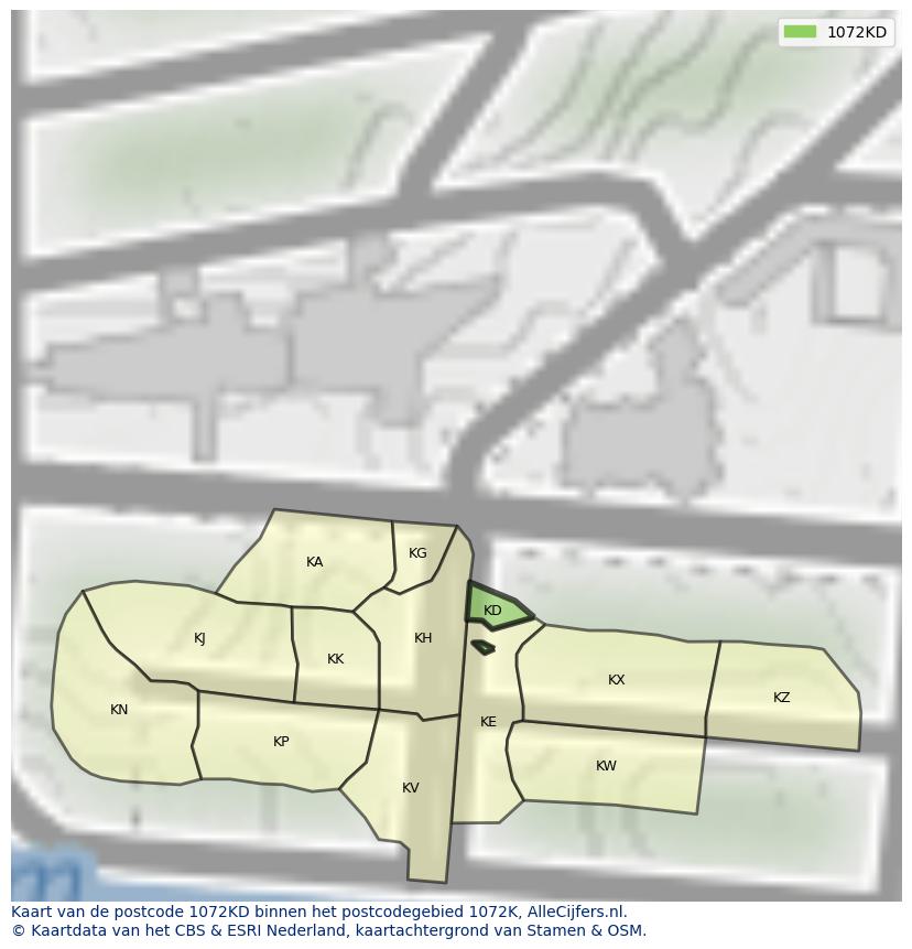 Afbeelding van het postcodegebied 1072 KD op de kaart.